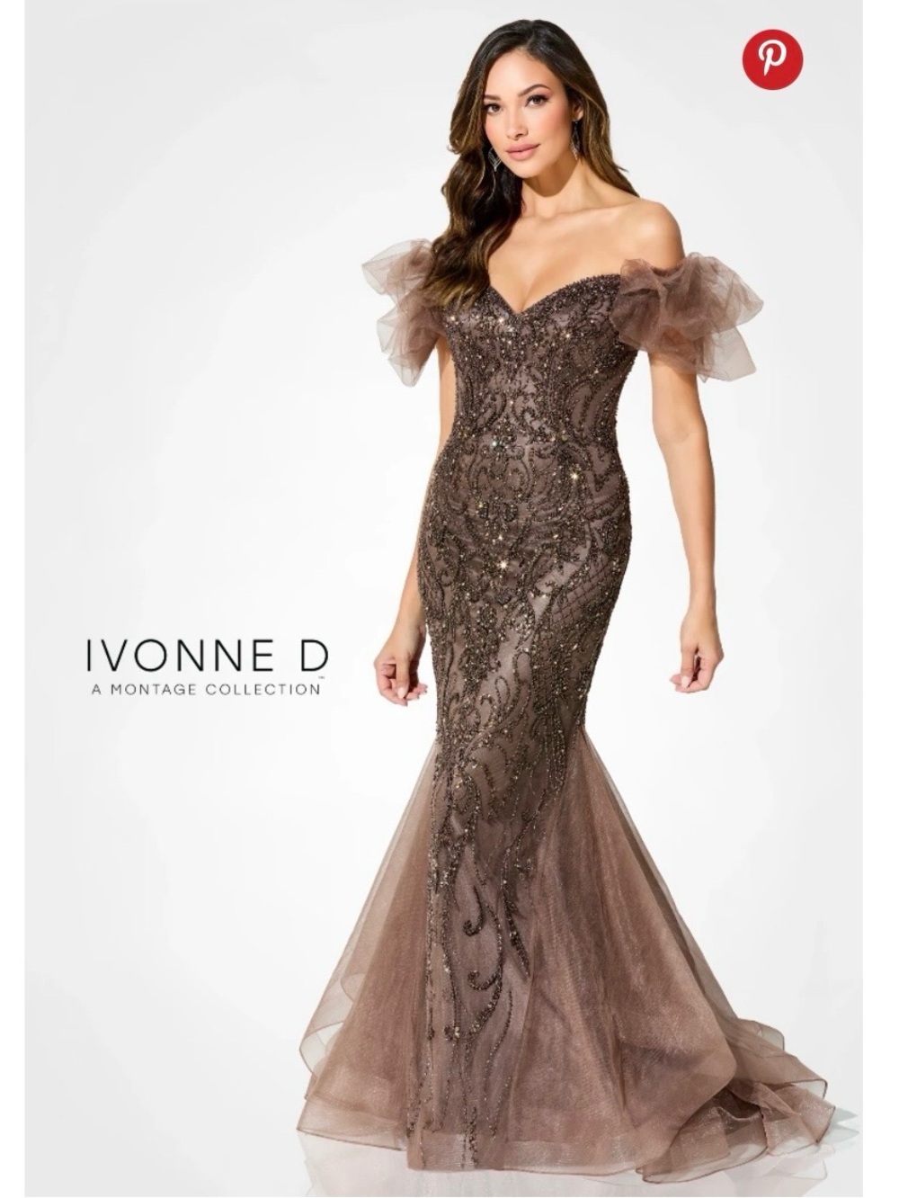 Ivonne D Off-Shoulder Beaded Mermaid Gown in Mocha